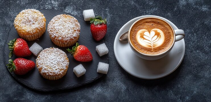 three coconut topped muffins and fresh strawberries arranged with sugar cubes on a black surface next to a cup of coffee with heart shaped latte art conveying warmth and comfort - Powered by Adobe