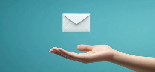 Human hand reaching out towards a white envelope floating above against a smooth blue background, conveying a sense of communication and anticipation