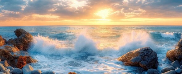 Waves crashing against rocky shoreline under vibrant golden sunset with partly cloudy sky over calm ocean horizon