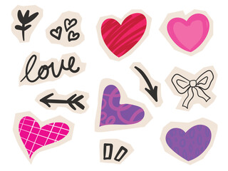 Doodle set valentines day, heart, arrow, ribbon and flower scrapbook element