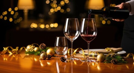 A hand pours red wine into two glasses on a wooden table. The setting features festive decorations, including gold ornaments and soft bokeh lights in the background.