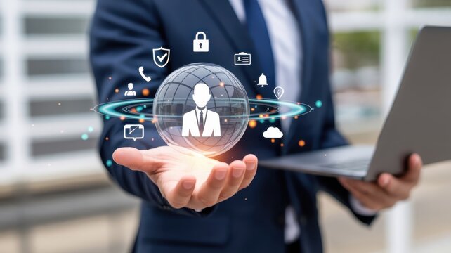 Business professional holding holographic projection of protected user profile above open hand