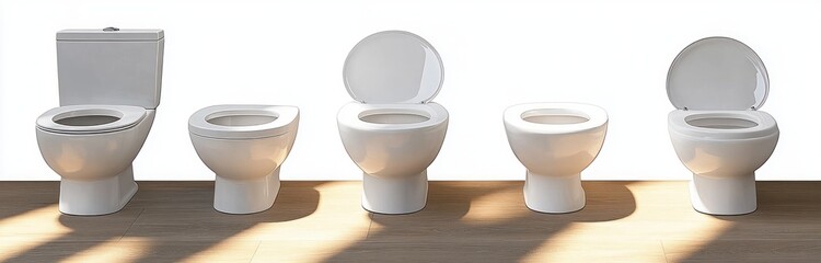 Row of five white ceramic toilet bowls and one toilet tank on a wooden floor with shadows and bright lighting