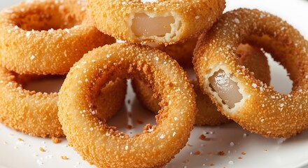 Delicious Golden Fried Onion Rings with Sesame Seeds on a White Plate.