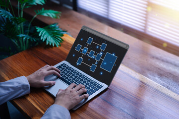 Businessman planning work, office concept hierarchical workflow process, flowchart layout, business information technology project