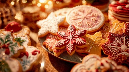 Festive Cookies on Display: A collection of meticulously decorated cookies in various shapes, evoking the warmth and tradition of the holiday season, perfectly capturing the spirit of celebration.