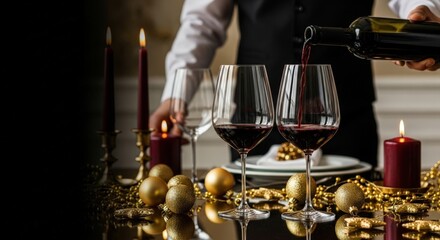 A waiter pours red wine into elegant glasses on a festive table. The setting includes candles, gold decorations, and a plate, creating a luxurious atmosphere.