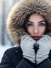 Cinematic Winter Fashion Model Portrait in Snowy Forest