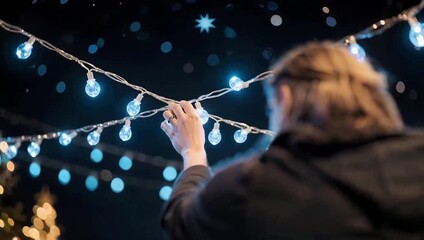 Strings of glowing blue lights against night sky - Powered by Adobe