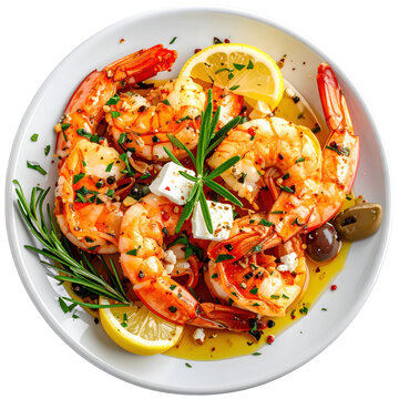 Greek garides saganaki shrimp with tomato feta and ouzo sauce on a dark plate and white background