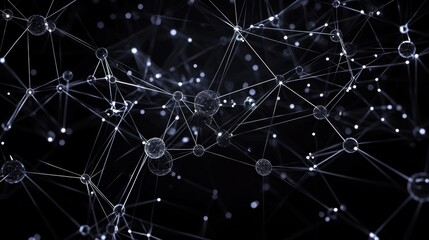 Abstract dark digital network of connected glowing spheres and thin lines representing data or molecule structures in futuristic style