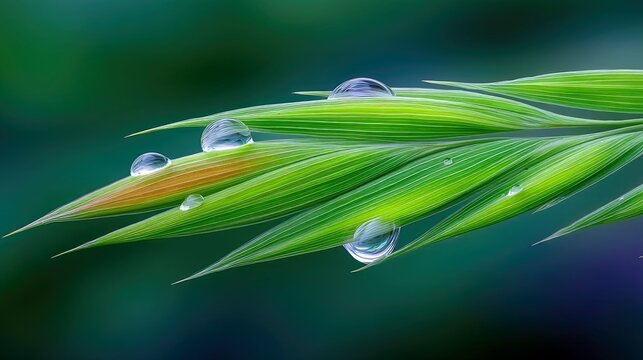 Macro shot of clear water droplets resting on vibrant green grass blades, with a softly blurred dark green and blue background. The lighting is gentle and natur