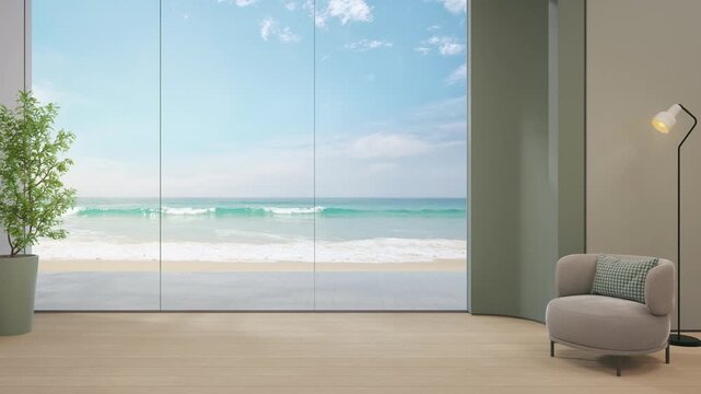 Minimalist living room with cozy armchair and floor lamp beside green plant 3d rendering. Blue sky ocean beach view through large glass wall of calm interior for vacation relaxation.
