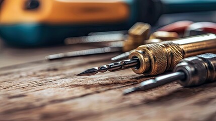 A close-up shot of various lock picking tools, including tension wrenches and picks, resting on a textured wooden surface. The lighting is warm and dramatic, cr