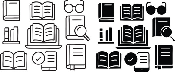 Collection of line art reading and education icons symbols for studying
