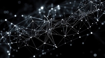 Abstract digital network with interconnected nodes and lines glowing softly on a dark background representing data flow and connectivity