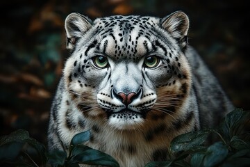 Obraz premium Close-up of a snow leopard with striking green eyes and detailed fur pattern surrounded by green foliage in a natural setting