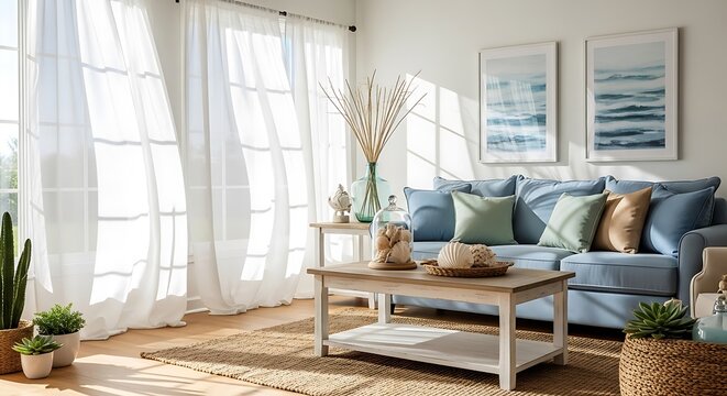 Sunlit Living Room with Coastal Decor and Natural Light.