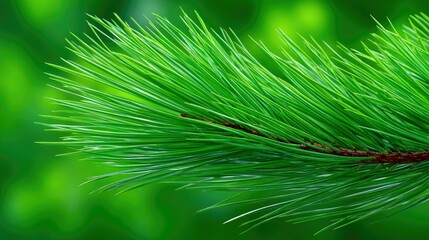 A detailed view of a lush green pine branch, its needles sharp and vibrant, set against a softly blurred green background, suggesting a natural, outdoor setting