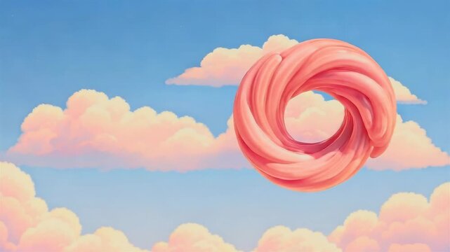 Abstract pink donut floating in the sky with clouds.