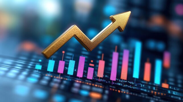 Golden arrow graph showing upward financial trend and stock market data