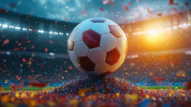 Close-up of a soccer ball on a vibrant field covered in colorful confetti with stadium lights and a lively crowd in the background during a bright sunset - Powered by Adobe