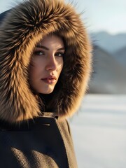 Luxury Winter Fashion Model Portrait in Snowy Landscape