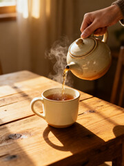 Morning Tea Pour on Wooden Table