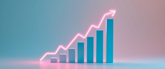 Glowing pink arrow rises above blue bar chart indicating growth
