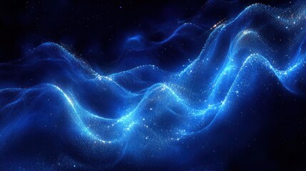 Glowing blue wave-like mesh with sparkling particles floating in a dark space creating a futuristic and ethereal atmosphere