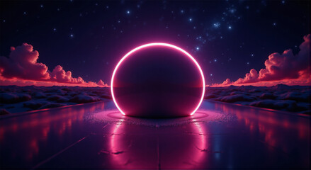 Vibrant pink neon sphere casting an intense glow on a reflective futuristic landscape under a captivating starry night sky, creating an otherworldly and immersive digital art experience
