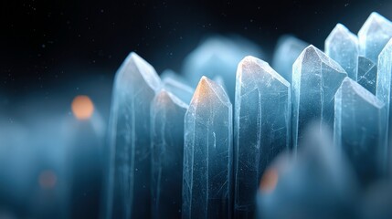 A macro shot of sharp, translucent blue ice crystals, illuminated by a soft orange glow and bokeh lights, set against a dark, atmospheric background with floati