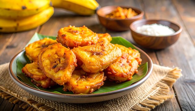 Fried slices arranged on a banana leaf, beside bowls and bananas - Powered by Adobe