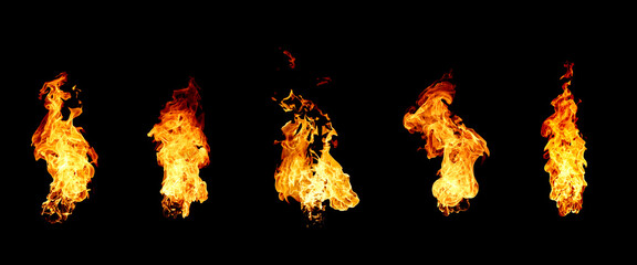 Collection of isolated flames on black background. Perfect for digital art, design and visual effects. Perfect for energy explosion scenes.