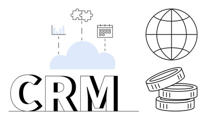 CRM text, cloud, chart, puzzle pieces, calendar, globe, and coins represent global data management, financial growth and customer relationship optimization. Ideal for technology business