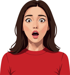 Surprised Young Woman Red Shirt Wide Eyes Open Mouth White Background Flat Design