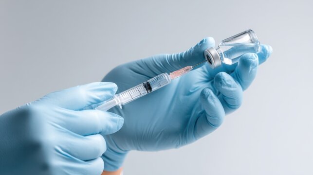Close-up of hands wearing blue medical gloves preparing a syringe from a vial, showcasing the process of vaccination and medical readiness