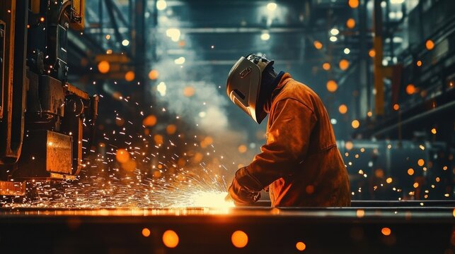 industrial welder in protective helmet and jacket cutting metal with bright orange sparks in a dim factory, focused and intense atmosphere