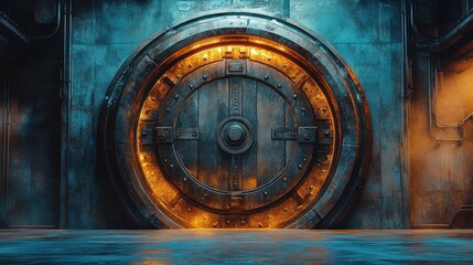Massive circular metal vault door in a dim industrial chamber, riveted steel hatch in a worn metal wall, warm orange glow from seams contrasted with cool teal ambient lighting, mysterious tension