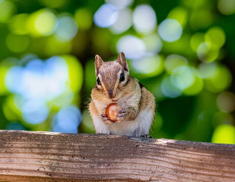 Adorable small chipmunk sitting on a wooden fence eating a nut.