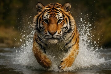 Naklejka premium Dynamic wildlife photo of tiger running through water with splashes and intense forward gaze