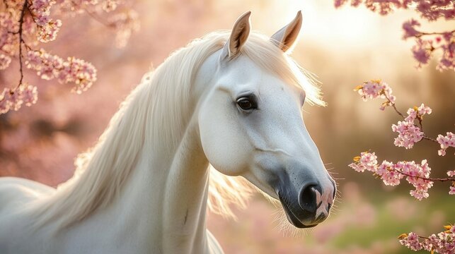 Calm white horse with a gentle gaze standing among pink cherry blossoms in warm golden sunlight
