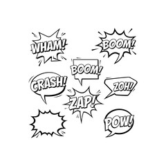 A collection of comic book style speech bubbles with onomatopoeia words like Wham, Boom, Crash, Zap, Zoh, and Pow, and one empty bubble.