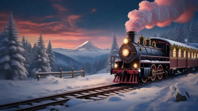 Vintage steam train chugging through a snowy mountain landscape at twilight, ai generated