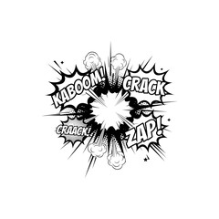 Comic book explosion illustration with sound effects, a graphic burst.
