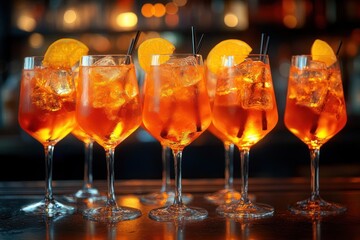 Row of six bright orange cocktails in stemmed glasses with ice, orange wedges and black straws on a bar counter, warm bokeh lights creating a festive inviting mood