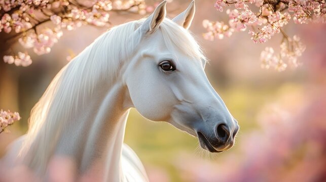 Serene white horse portrait framed by pink cherry blossoms with a gentle gaze and flowing mane at golden hour