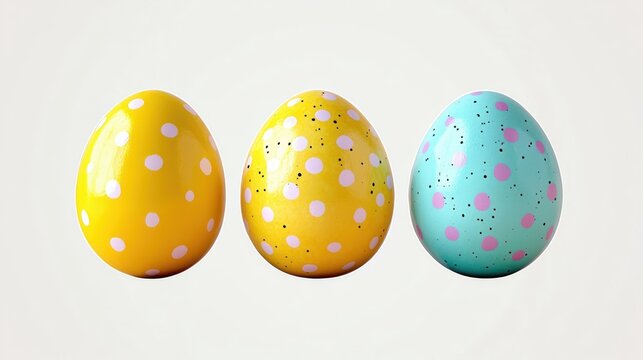 Three glossy polka dot eggs — two yellow and one turquoise — with pink dots and speckles on a clean white background, playful and cheerful - Powered by Adobe