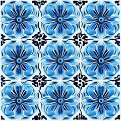 Fototapeta premium Nine symmetrical blue floral tiles with glossy rosettes, black ornamental corner accents and white lattice creating a calm, soothing decorative pattern