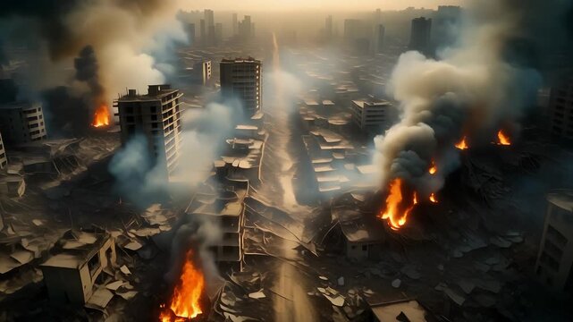 Massive city ruins in flames under smoky sky.